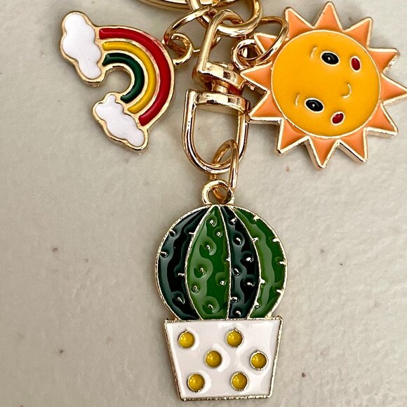 Sunny Rainbow Sky and Cactus Keychain Purse Charm - Picture 3 of 4